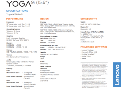 Specifications Lenovo Yoga 9i 15