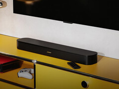 The TV Speaker 2nd Gen launches with a center tweeter. Pictured: the soundbar under a TV.
