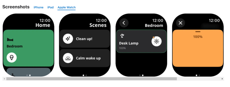Screenshots of the new IKEA Home Smart app for Apple Watch. (Image source: Apple App Store)