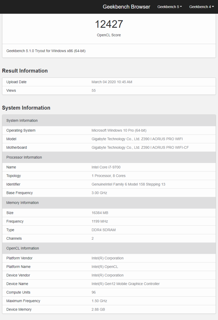 Purported Intel Xe DG1 Geekbench 5 OpenCL Compute score. (Source: Geekbench)