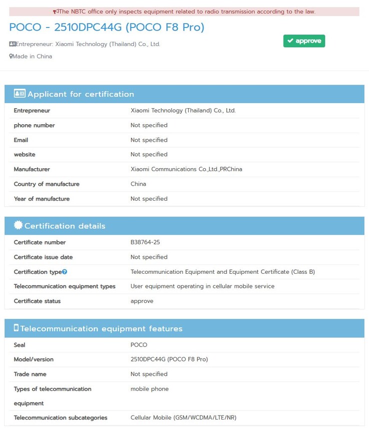 The Poco F8 Pro receives NBTC certification in Thailand. (Image source: NBTC)