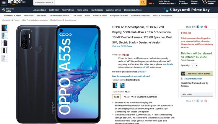 The OPPO A53s' new page on Amazon. (Source: Amazon.de via MySmartPrice)