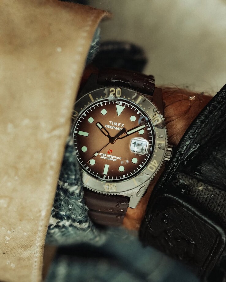 Huckberry x Timex Deepwater Reef 200 dive watch with a brown dial, stainless steel case, black bezel, and matching brown strap.