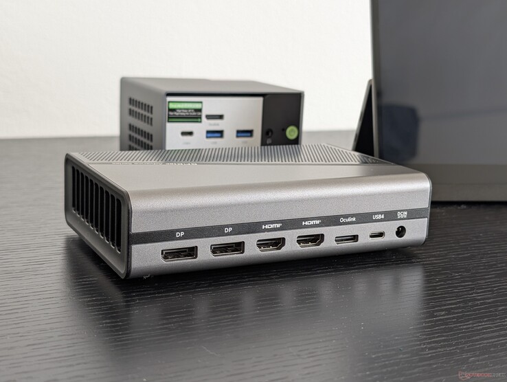 2x DisplayPort 2.0 (4K120), 2x HDMI 2.1 (4K120), OcuLink (PCIe4 x4), USB-C 4.0 (100 W Power Delivery, no DisplayPort), AC adapter