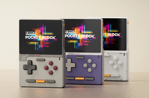 The Ayaneo Konkr Pocket Block in Original Grey, Cube Purple, and Atoms White.