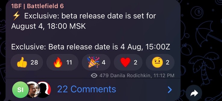 Battlefield 6 open beta start time leak (Image source: GamingLeaksandRumours subreddit, 1BF Telegram channel)