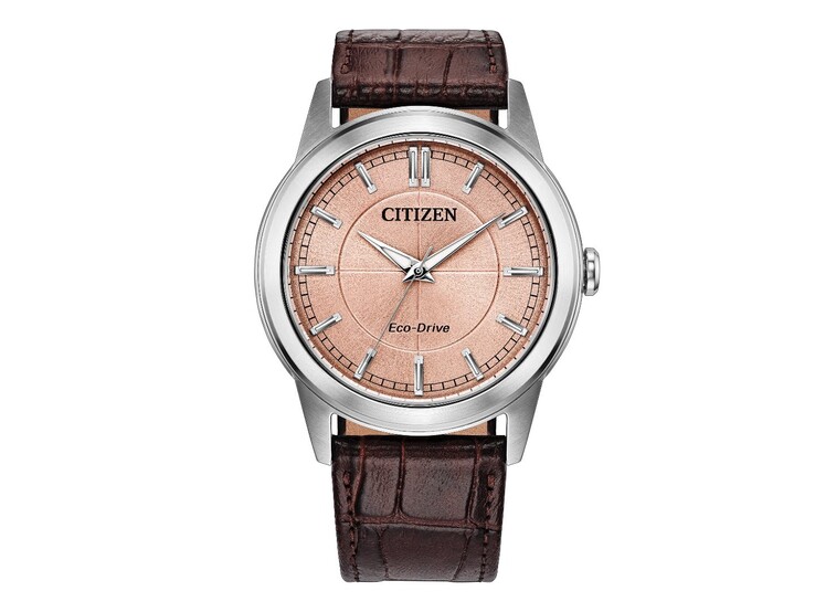 The Citizen Rolan AW2110-14Z features a salmon dial, stainless steel case, and brown leather strap.
