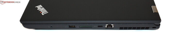 right: combo audio, USB 3.0 type A, SD card reader, USB 3.1 Gen 1 type C, RJ45-Ethernet, Kensington lock