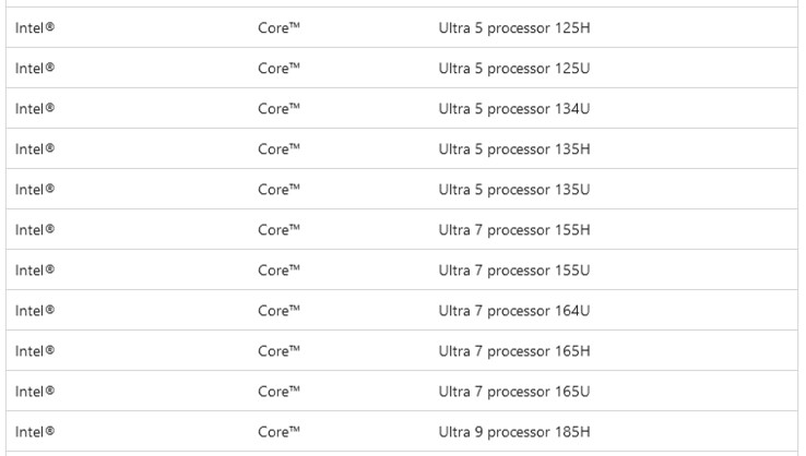 Screenshot of the Microsoft support document with the Core Ultra CPUs (Image: @momomo_us)