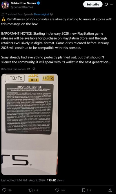 PS5 console warning sticker about end of physical games shown