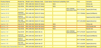 Xperia 1 VI and 10 VI model numbers and details. (Image source: memn0ck)