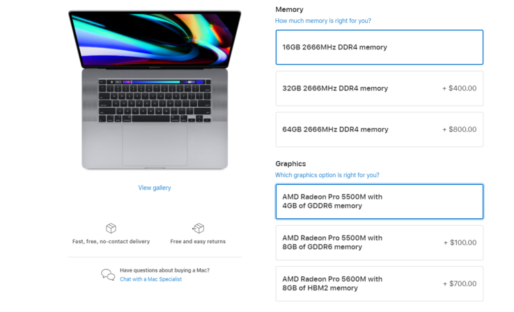 The Radeon Pro 5600M option for the MacBook Pro 16 is available at an US$700 mark-up. (Source: Apple)