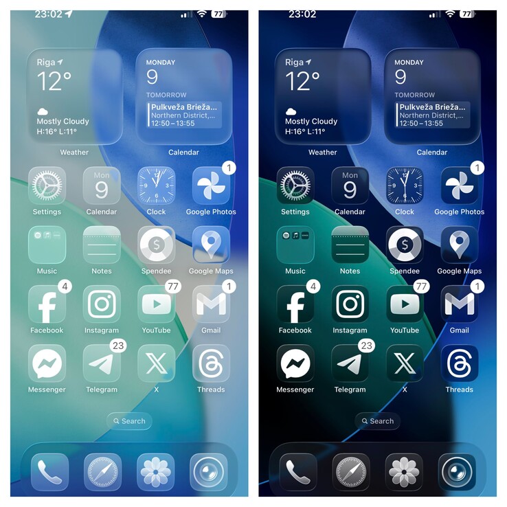 iOS 26 Clear Light vs Clear Dark mode. (Image source: Ben Geskin on X)