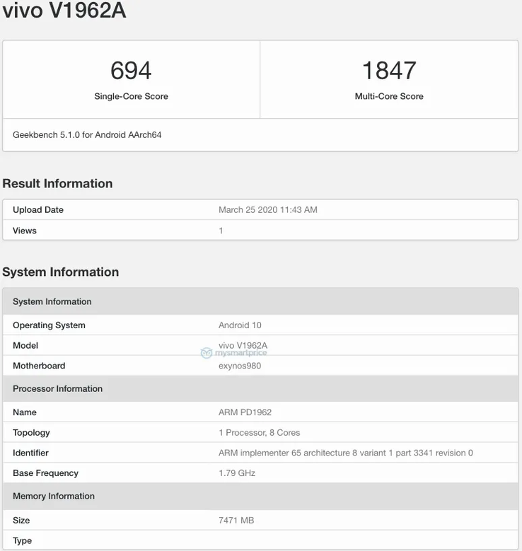 The "Vivo S6 5G" on Geekbench 5. (Source: Geekbench via MySmartPrice)