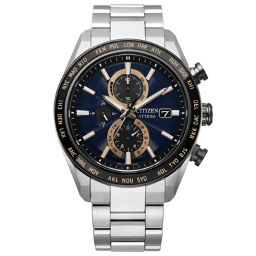 Citizen Attesa chronograph with a dark navy dial, rose-gold-colored accents, black world-time bezel, and Super Titanium bracelet