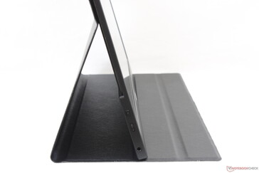The folio case doubles as a flat table stand for the display