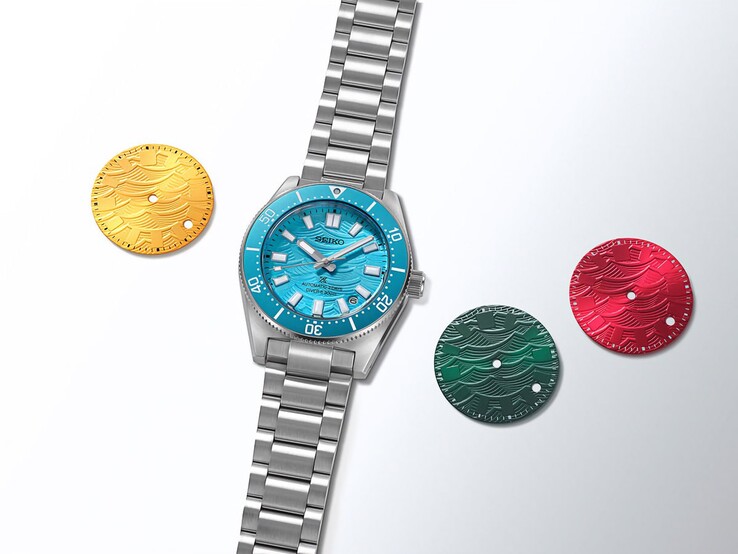 Seiko Prospex 1965 Heritage Diver with a bright blue wave-patterned dial and matching bezel, surrounded by four colorful dial designs representing the fan-voted options.