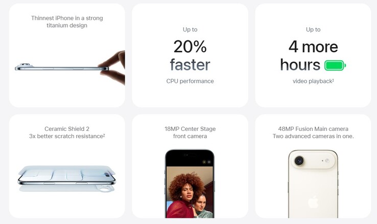 The new iPhone Air battery life and camera features. (Image source: Apple)