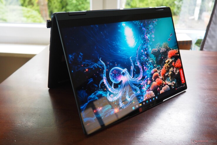 The picture portrays the Lenovo Yoga 7 2-in-1 14-inch laptop in the tent position 