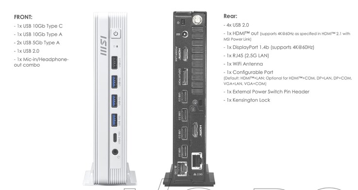 The MSI DP10 mini PC sports an impressive array of ports. (Image source: MSI)