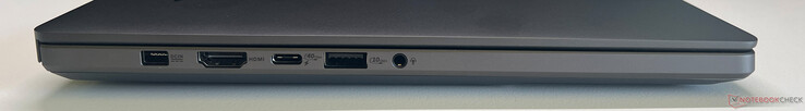 Left: power supply, HDMI 2.1 FRL, USB-C 4.0 (40 GBit/s, DisplayPort ALT Mode 2.1, Power Delivery 3.0), USB-A 3.2 Gen 2 (10 GBit/s), 3.5-mm audio