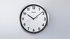 Seiko KX701S retro quartz wall clock with silver-coloured frame and contrasting black and white dial.