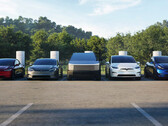 Model Y, Cybertruck, Model 3 and Model S/X lined up at a Supercharger station. (Image source: Tesla)