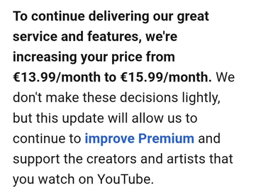 YouTube Premium individual plan hike e-mail