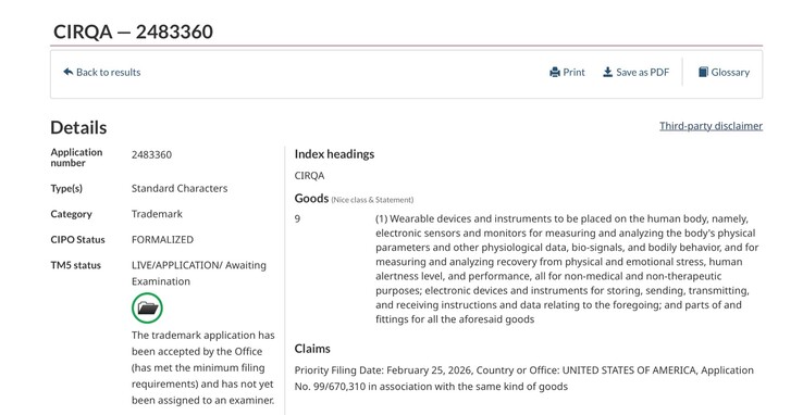 Garmin CIRQA Patent No. 2483360 with the Canadian Intellectual Property Office (CIPO)