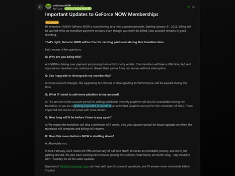 Nvidia GeForce Now Reddit update post (Image source: GeForce Now Reddit)