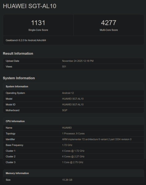 Kirin 9030 Geekbench debut (image source: Geekbench)