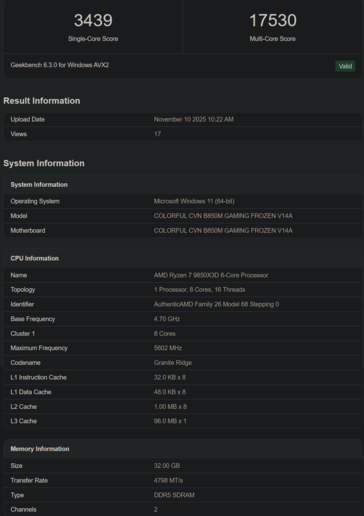 Ryzen 7 9850X3D Geekbench listing 2 (image source: Geekbench)