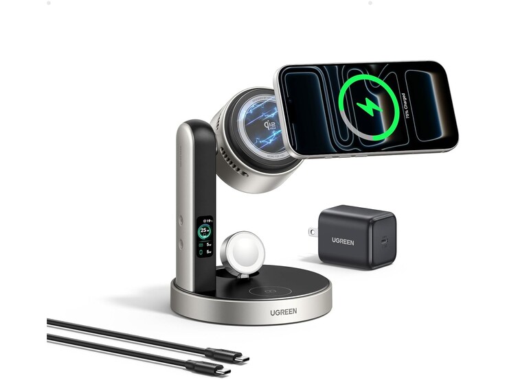 The charging station comes with an adapter and USB-C cable