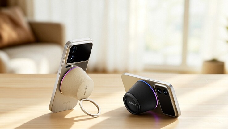 The Xiaomi speaker attached to the phone via the magnet ring, acting as a phone stand