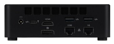 Rear view of the iiyama mini PC showing HDMI, DisplayPort, USB, Ethernet and power ports