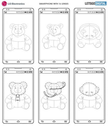 The 16-lens matrix with possible curvature profiles for 3D image capture, and 1 possible use for the same. (Source: USPTO)