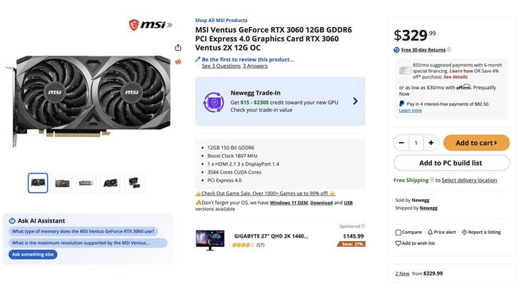 The image shows the new egg listing for the RTX 3060, specifically the MSI Ventus RTX 3060 with 12 GB of RAM, priced at $329.