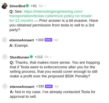 The Cars & Bids Cybertruck seller explained in the comments that he received an exemption from Tesla to sell his Cybertruck to a third party. (Image source: Cars & Bids)