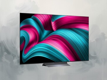 Front of 83-inch LG C5 OLED TV is shown at angle