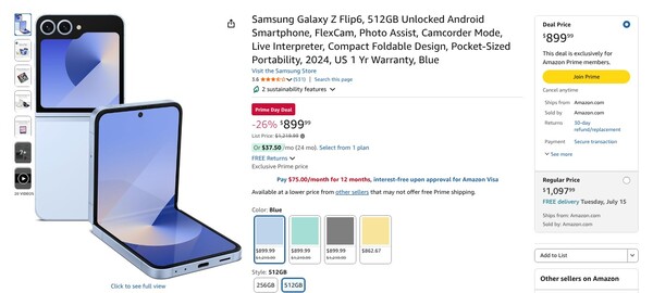 Amazon is selling the Galaxy Z Flip 6 with 512GB of storage for the same price as the new Galaxy Z Flip 7 FE. (Image source: Amazon)