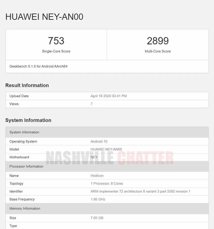 1 of the 2 sets of results for the Huawei NEY-AN00 now on Geekbench 5. (Source: Geekbench 5 via NashvilleChatter)