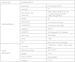 Specs of Nitro PG271K (Image source: Acer - machine translated)