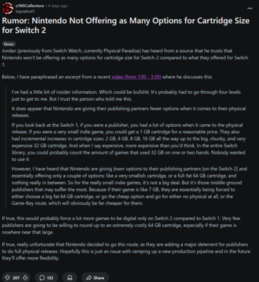 Switch 2 leak on cartridge sizes (Image source: screenshot, Nintendo Switch Game Collectors subreddit)