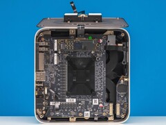 Internal view of the Beelink GTR9 Pro mini PC showing the vapor-chamber dual-fan cooling system and motherboard layout (Image source: ServeTheHome via YouTube)