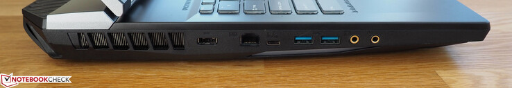 Left side: power socket, one Gigabit Ethernet port, one Thunderbolt 3 port, two USB 3.1 Gen2 Type-A ports, headphone jack, microphone jack