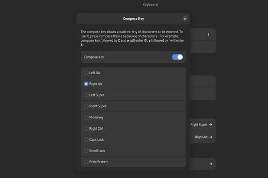 The Compose Key can be set to any number of accessory keys on Gnome. (Image Source: Notebookcheck.net)