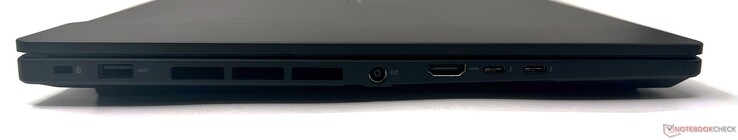 Left: Kensington lock slot, USB 3.2 Gen2 Type-A, DC-in, HDMI 2.1-out, 2x Thunderbolt 4