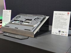 MSI Raider 16 HX Max on display at CES 2026 showing its new bottom panel design (Image source: Notebookcheck)