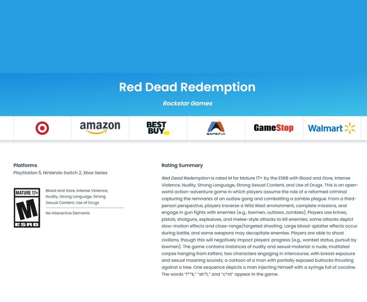 ESRB rating page for Red Dead Redemption showing its Mature 17+ label, listed platforms, and a detailed content summary (Image source: ESRB)