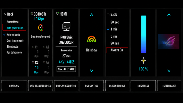 ROG Flux Charger Dock settings interface